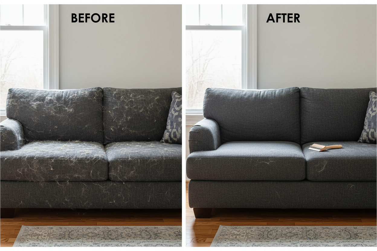 a before and after of a couch with lint and a clean couch after using the lint roller